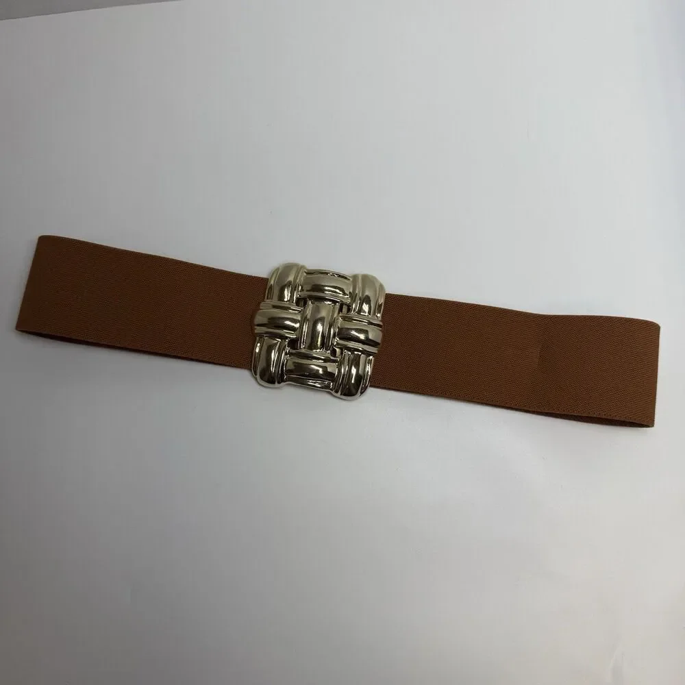Vintage Skaffles Gold Tone Metal Braided Design Terra Cotta Color Elastic Belt